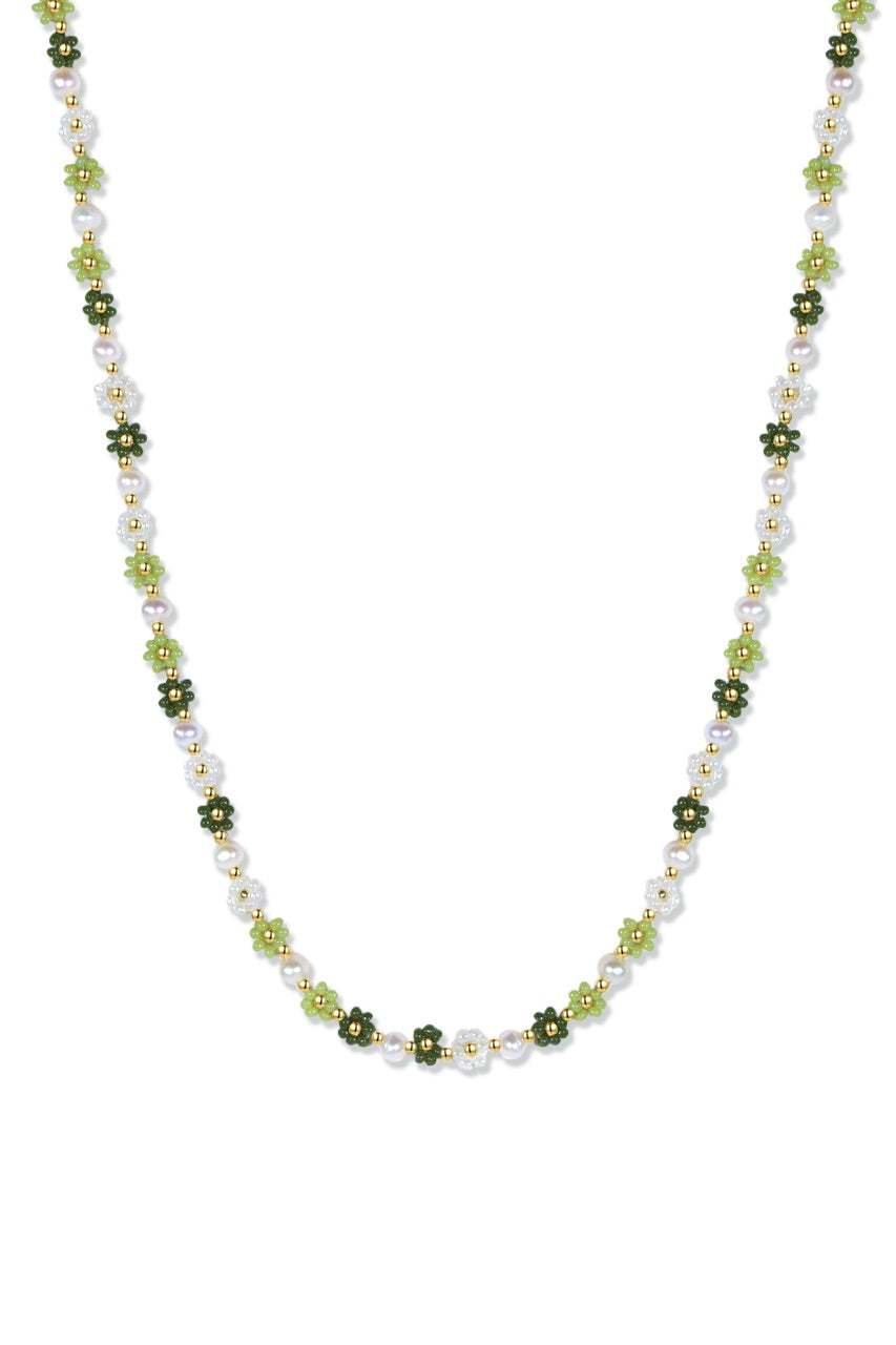Avocado Daisies Beaded Necklace