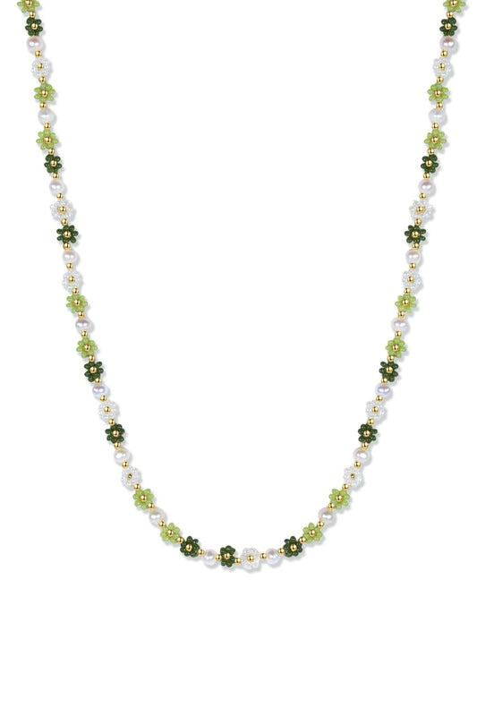 Avocado Daisies Beaded Necklace